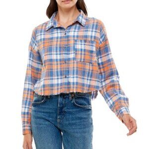 NWT No Comment Juniors' Frayed Bottom Shirt SZ Medium $34 Orange Blue Plaid